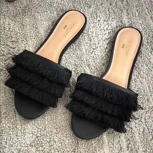 Trina Turk x INC Trendy Black Fringe Slide Sandals